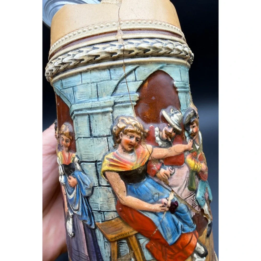 Antique German Beer Stein 0.5L Relief Scene Pewter Lid‎ Stoneware 531